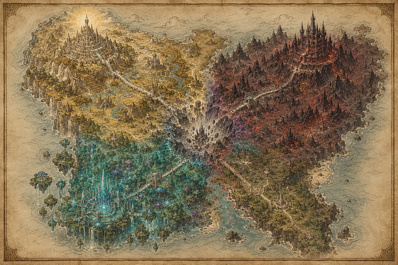 Map of the Sundering continent: the Light's golden highlands, the Dark's ember peaks, Creation's crystal groves, and the Scar torn through the centre